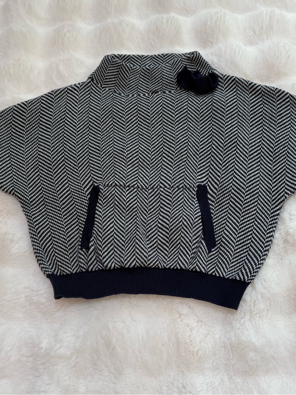 Hope & Henry Herringbone Knit Pullover Top Navy & White - XS